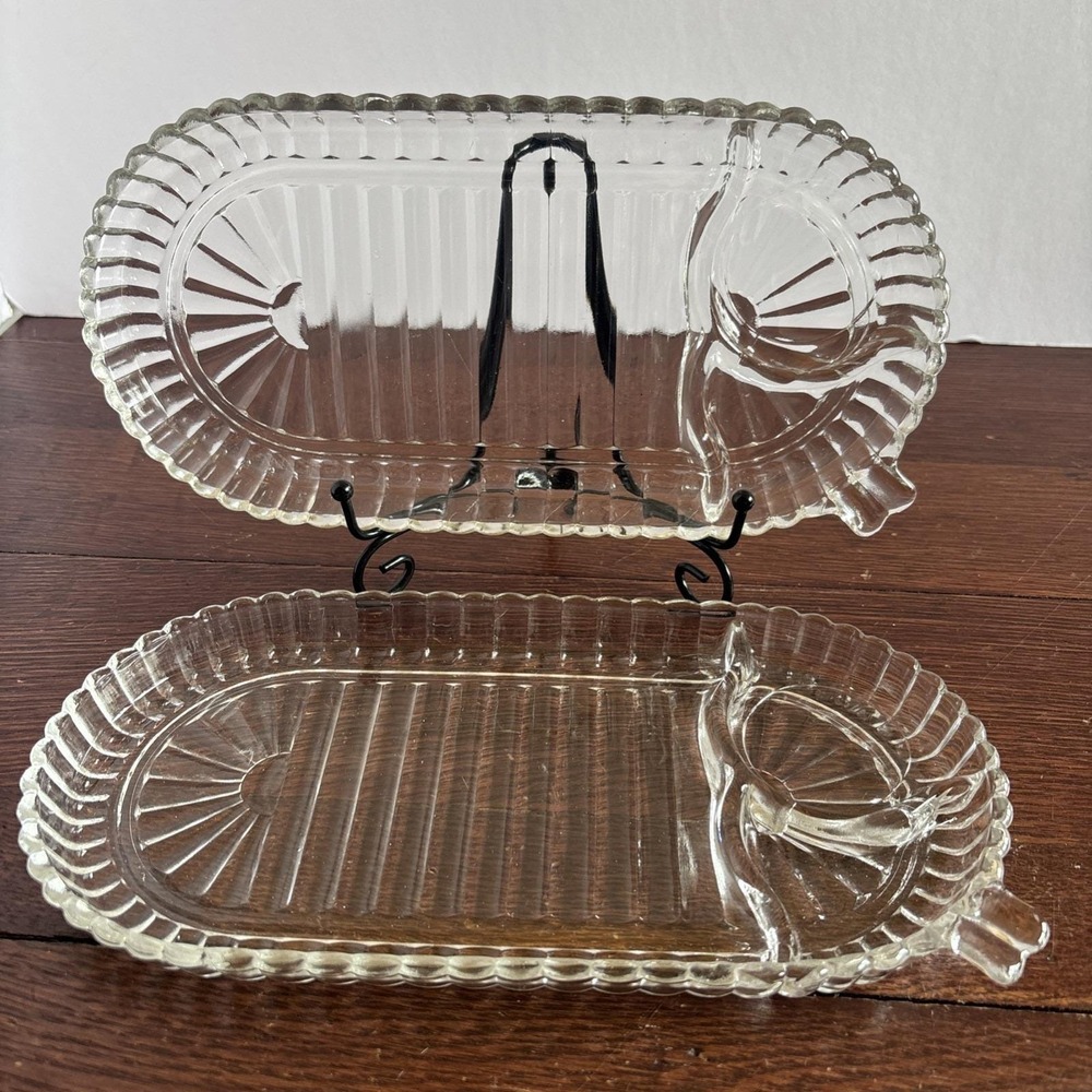 Vintage Anchor Hocking Snack Sip Smoke Oval Ribbed Glass Plate Tray MCM
